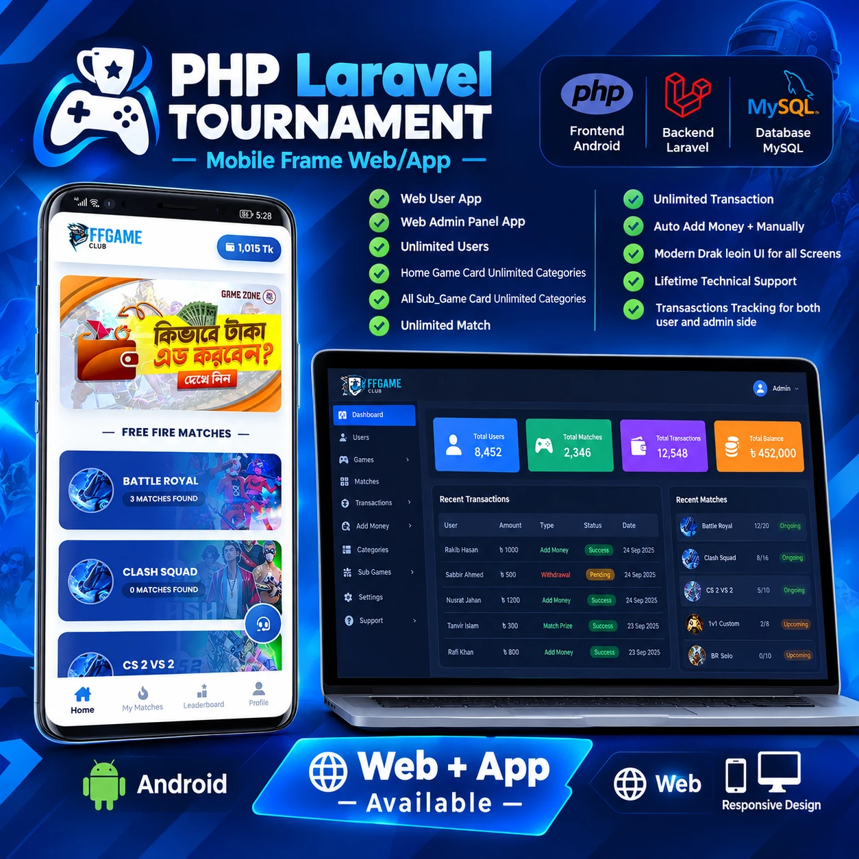 PHP Laravel Tournament Mobile Frame Web & App – Android + Admin Panel